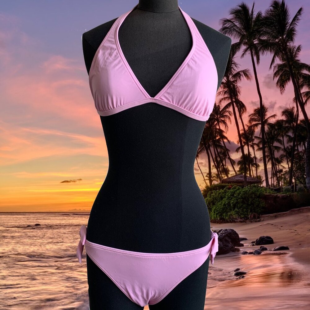Billabong BLUE CRUSH era Vintage bikini baby pink solid halter top set RARE